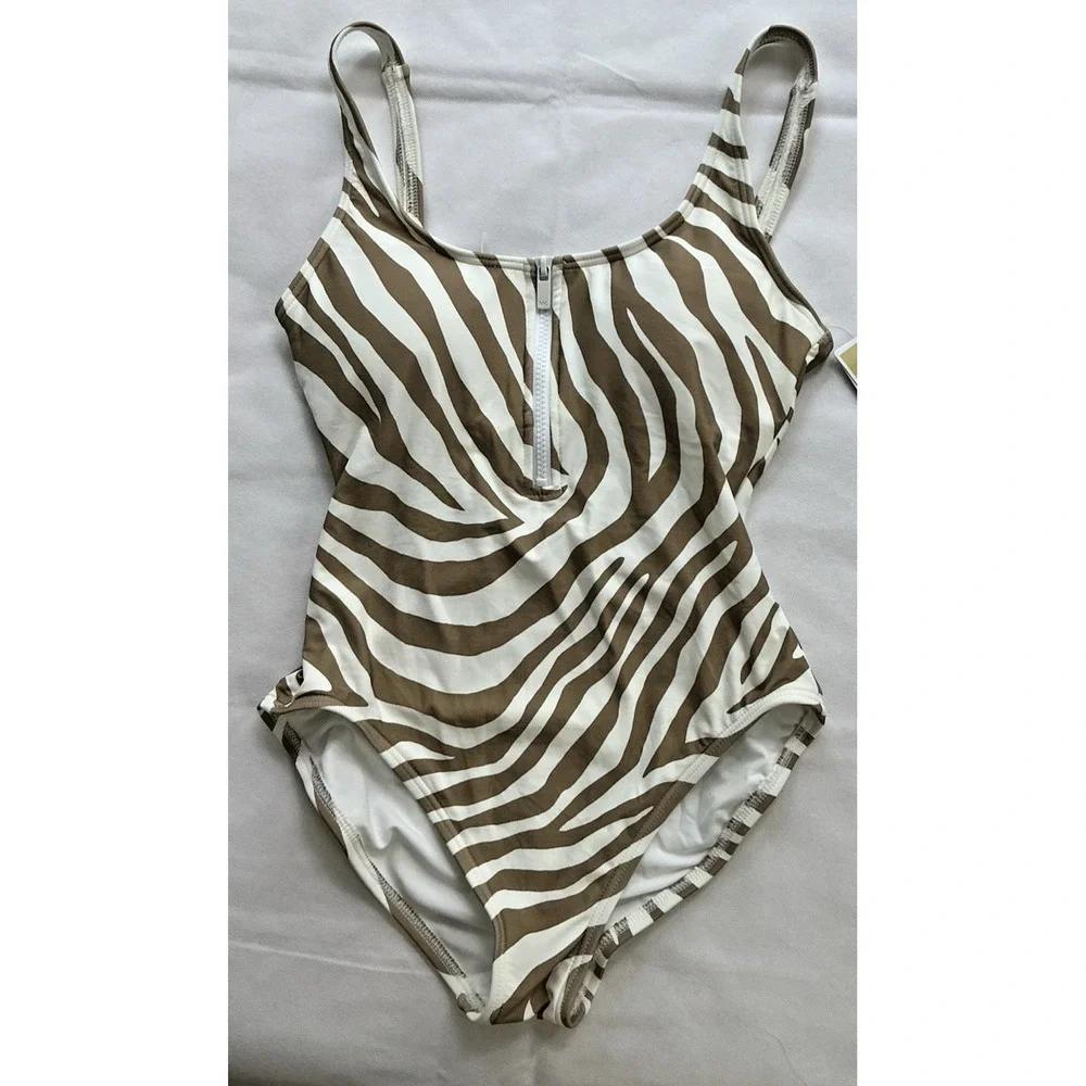 NEW Michael Kors Women's One Piece Swimsuit Size 10 Tan White Zebra Print Zipper